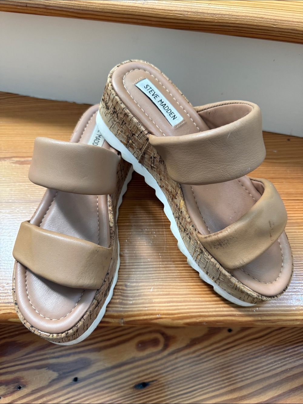 Steve Madden Tan Double-Strap Cork Platform Slides